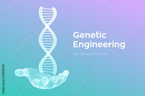 DNA sequence in hand. Wireframe DNA molecules structure mesh. DNA code editable template. Science and Technology concept. Vector illustration.