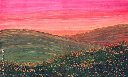 Green grass with yellow flowers on meadows at sunset in gouache background