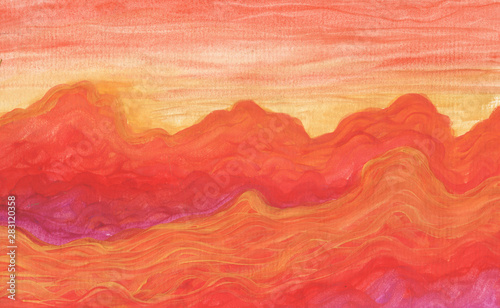 Orange clouds at sunset background in gouache