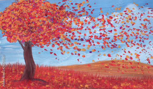 Autumn tree in gouache background