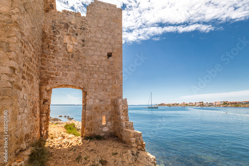 View on sea from Kastelina castle, fortress ruins on Vir island, Croatia, Europe.