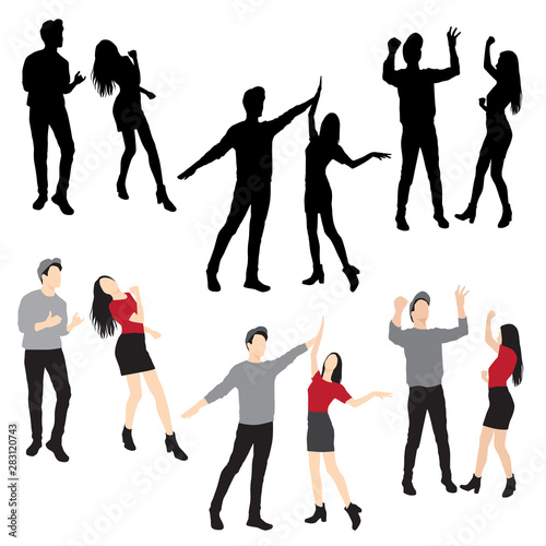 Set of men and women standing, hands up, dancing in various poses, cartoon character, group business people , vector silhouette, flat designe icon, different colors, isolated on white background
