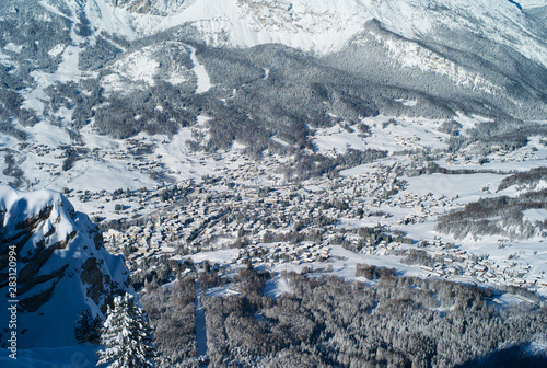 The Romantic, Snow Covered Skiing Resort of Cortina d Ampezzo in the Italian Dolomites seen from Faloria. photo