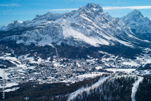 The Romantic, Snow Covered Skiing Resort of Cortina d Ampezzo in the Italian Dolomites seen from Tofana with Col Druscie in the foreground. photo