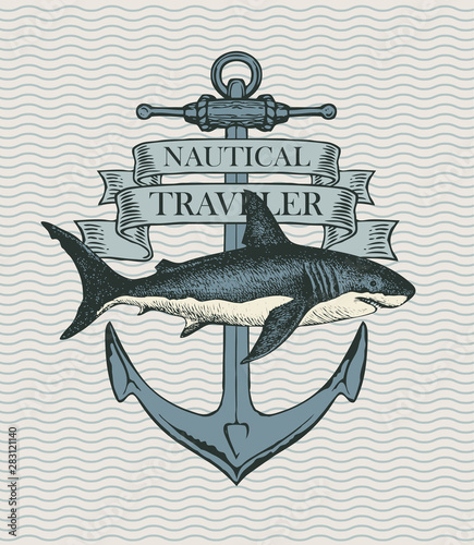 Retro banner with ship anchor and hand drawn shark