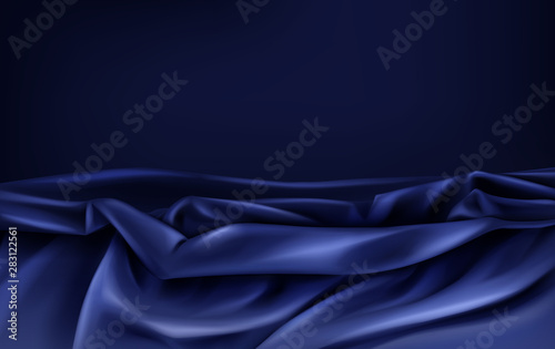 Crumpled and wavy, luxury blue or dark violet silk or satin fabric with wrinkles 3d realistic vector abstract background, copyspace. Gorgeous velvet texture, silky textile, elegant tissue illustration