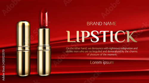Lipstick cosmetics, make up beauty product mockup banner. Red rouge close and open golden tubes on silk draped fabric background. Luxury promo poster template for magazine ad, realistic 3d vector