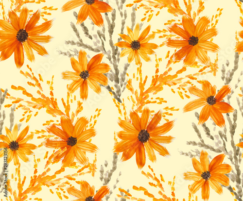 Seamless pattern of watercolor abstract yellow flower isolate on light yellow background. Wildflowers for wedding cards.
