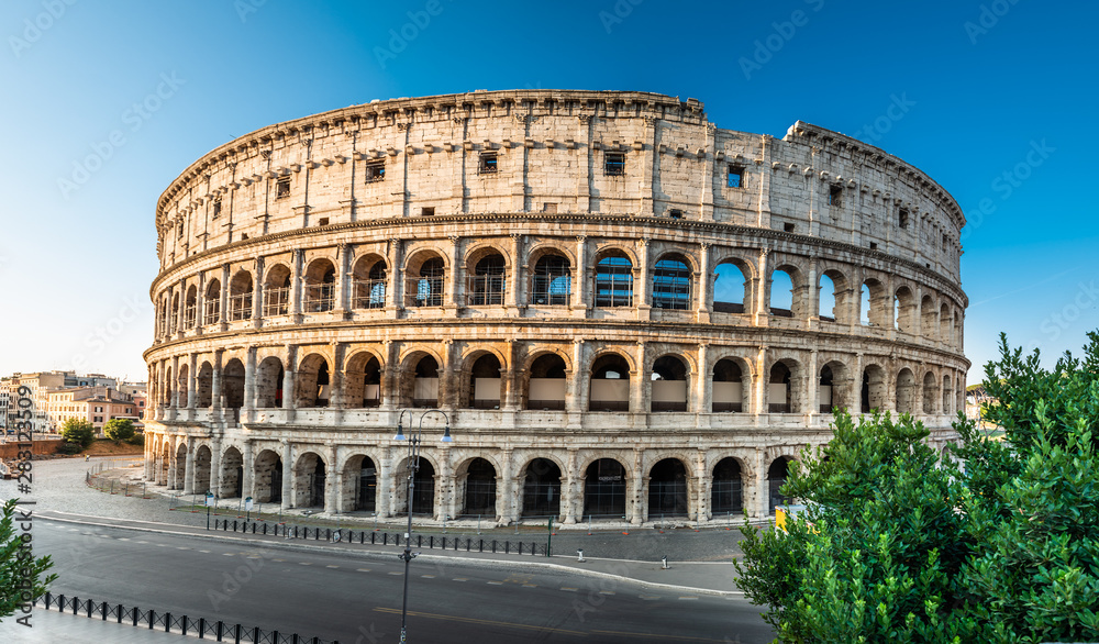 Panorama Of Colosseum At Sunrise In Rome, Italy