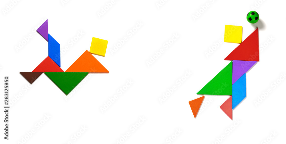 tangram shaped as a person shooting soccer and the goalkeeper trying to catch the ball tangram shaped as a person shooting soccer and the goalkeeper trying to catch the ball