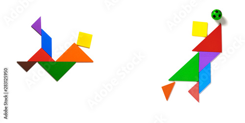Fototapeta Naklejka Na Ścianę i Meble -  tangram shaped as a person shooting soccer and the goalkeeper trying to catch the ball