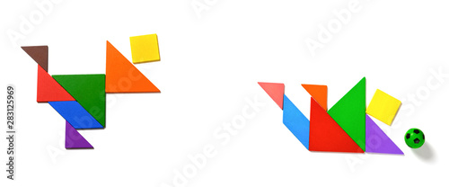 Fototapeta Naklejka Na Ścianę i Meble -  tangram shaped as a person shooting soccer and the goalkeeper trying to catch the ball