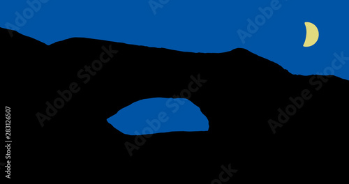 Vector illustration of North Window in Arches National Park - Utah, USA. Silhouette illustration with moon in background.