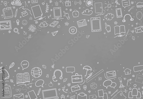 Back to school. Abstract blackboard. Sketchy background with hand drawn school supplies. Banner design. Education concept