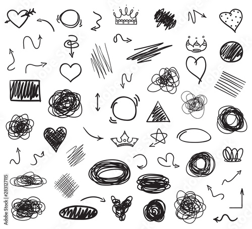 Hand drawn different tangled signs and shapes on white. Background with array of lines. Chaotic symbols. Art creation. Black and white illustration. Doodles for your design