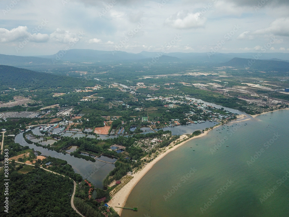 Aerial view of Phu Quoc coastline little village during grey clouded day.  Vietnam.