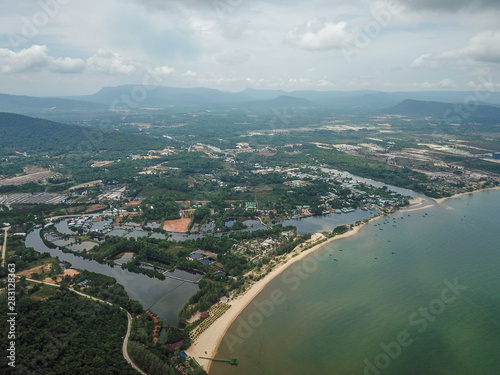 Aerial view of Phu Quoc coastline little village during grey clouded day. Vietnam.