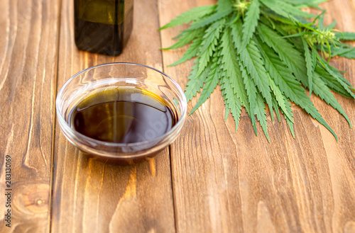 Hemp oil. A cup of hemp oil with hemp leaves on a brown wooden table.Copy space.