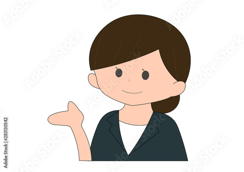 ほほえんで案内する黒髪の女性