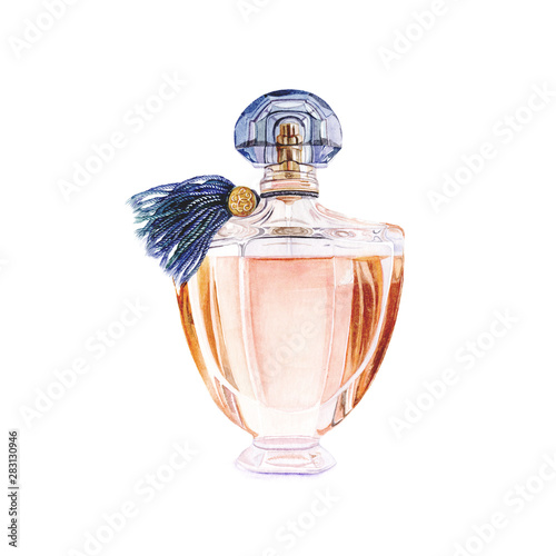 Watercolour bottle of perfume isolated on white background photo