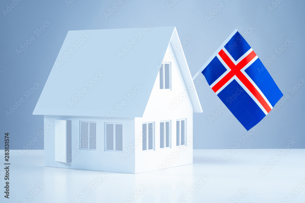 The layout of a twostorey cottage under the flag of Iceland. Real
