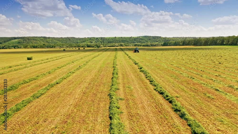 Beautiful natural environment on the field in summer. Drone view over the field with a tractor working on a grassland during sunny day. Beautiful natural environment on the field in summer. Drone view over the field with a tractor working on a grassland during sunny day.