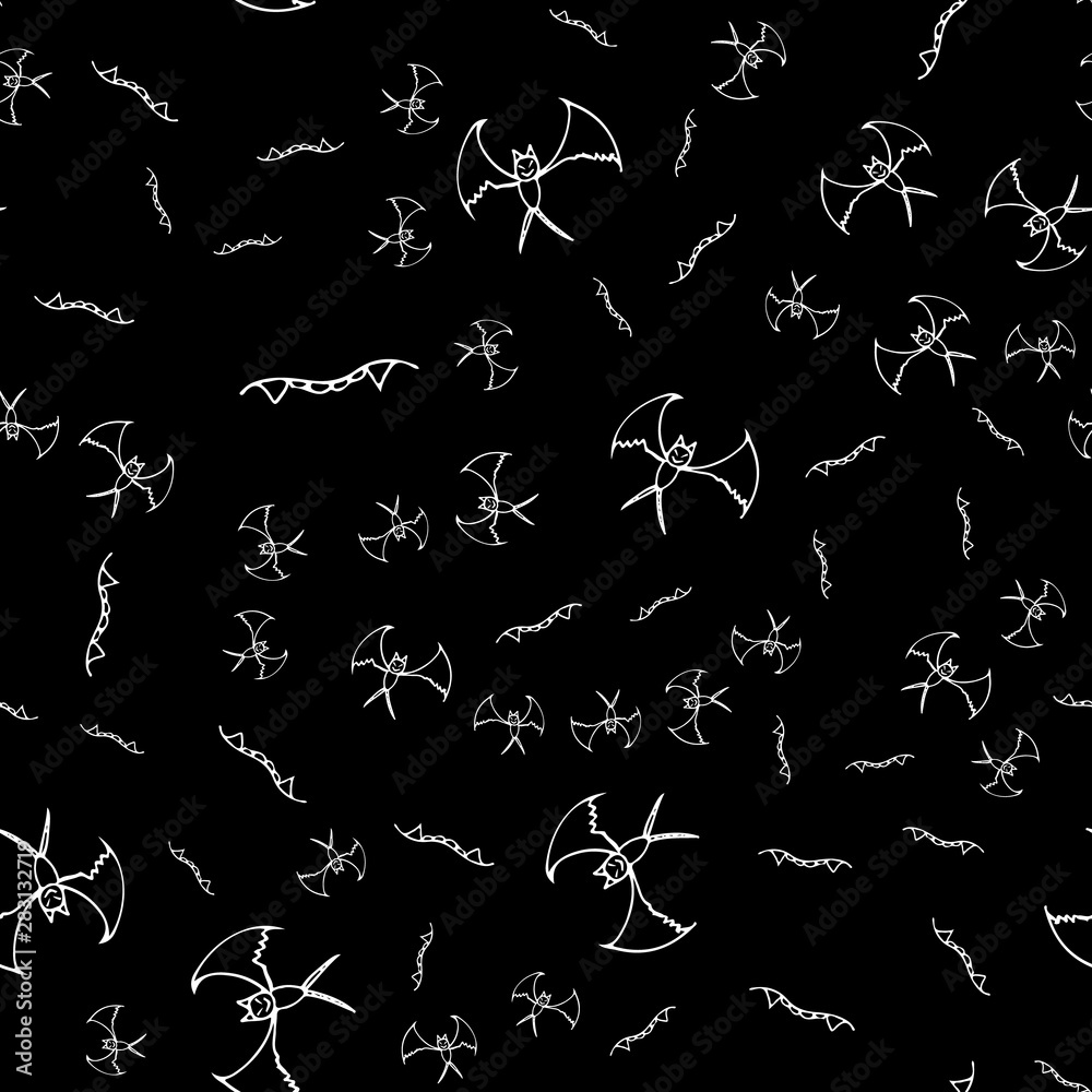 Bat and teeth seamless Halloween outline in the abstract style. Black bat and teeth seamless Halloween outline on black background. Holiday decoration. Line vector. Doodle wallpaper. Wildlife set Bat and teeth seamless Halloween outline in the abstract style. Black bat and teeth seamless Halloween outline on black background. Holiday decoration. Line vector. Doodle wallpaper. Wildlife set