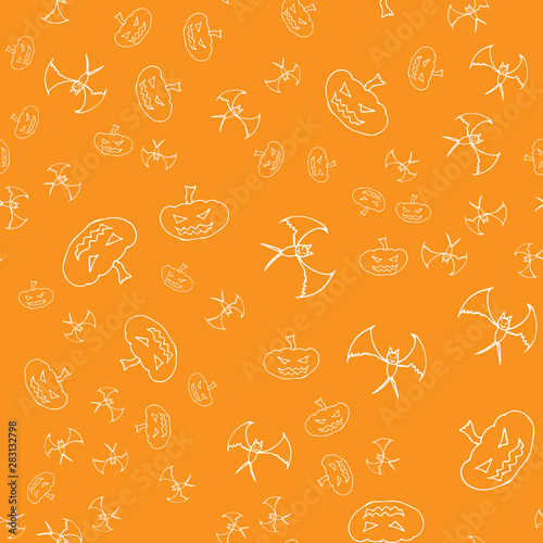 Bat and pumpkin seamless Halloween outline in the abstract style. Bats and pumpkins seamless pattern Halloween outline on orange background. Holiday decoration. Line vector. Doodle wallpaper