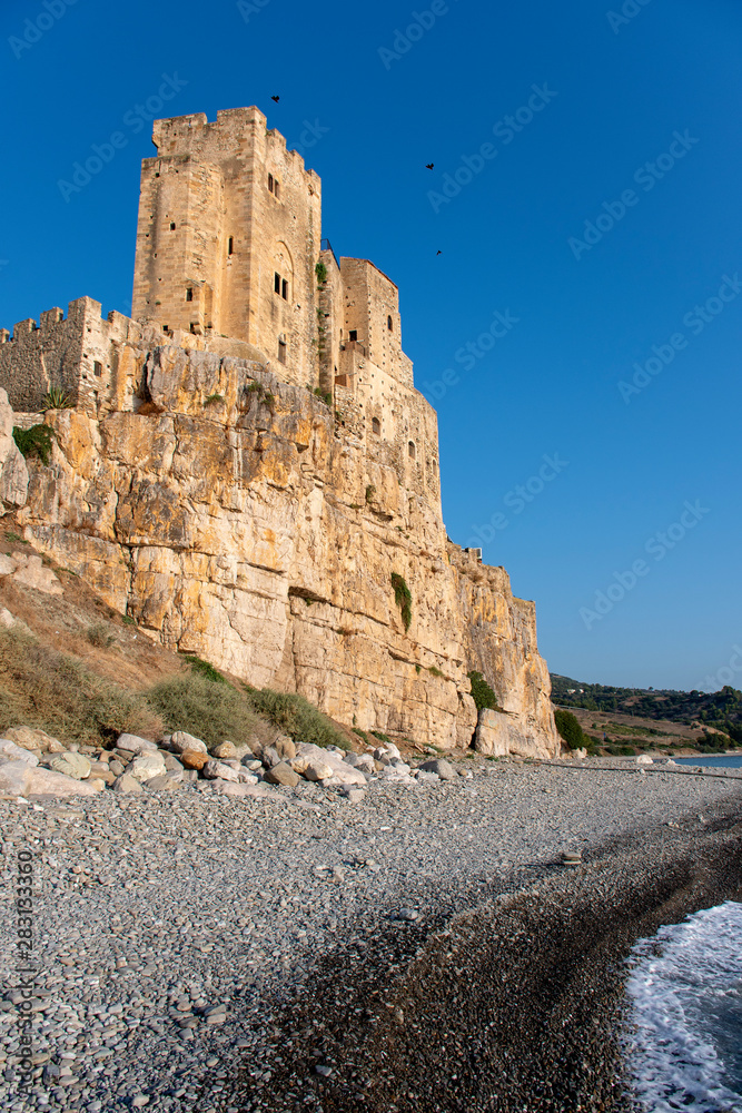 Roseto Capo Spulico, Cosenza district, Ionian Coast, Calabria, Italy - View of the federiciano castle placed on a rock from the beach