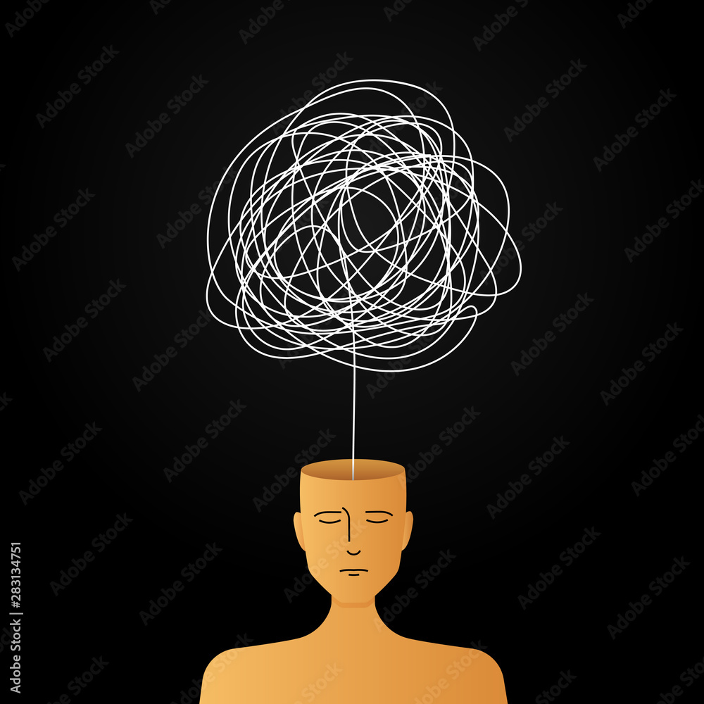 complicated abstract mind illustration. empty head with messy line inside. tangled scribble doodle vector path design. - obrazy, fototapety, plakaty 