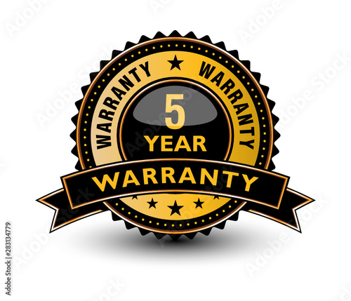 High quality 5 year warranty golden and blackish badge, label, sign with ribbon isolated on white background. 