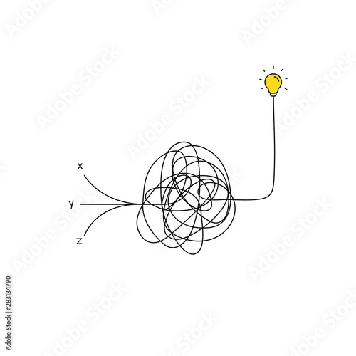 multiple very hard thinking of inspiration idea through a complicated way illustration. light switch with messy line symbol. tangled scribble line vector path doodle design.