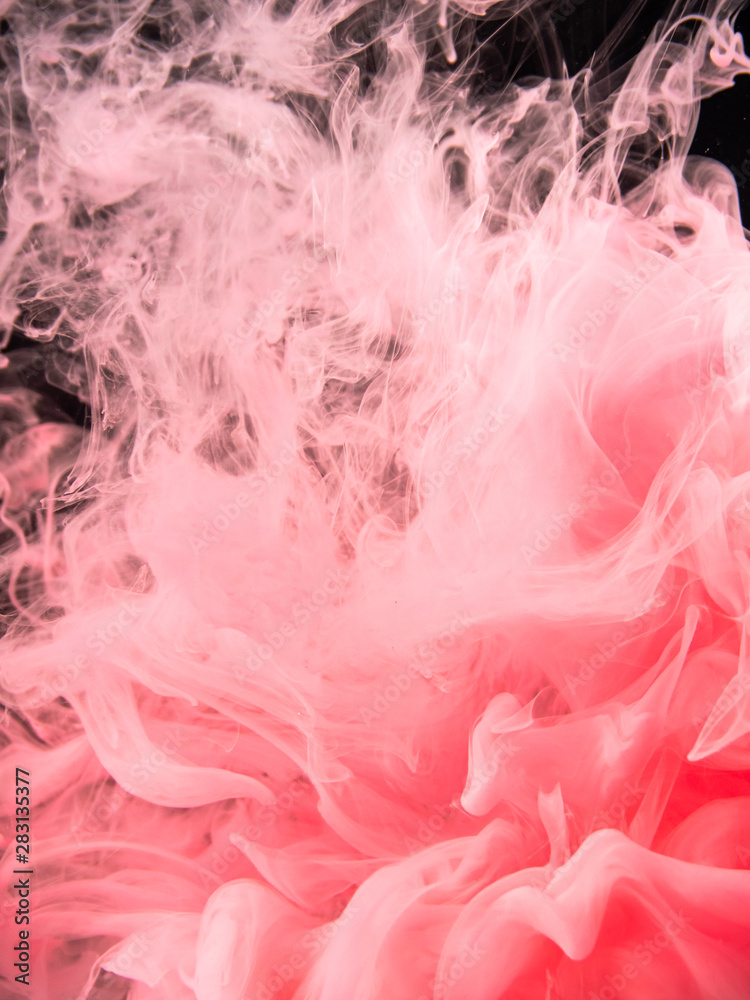 Pink-red acrylic smoke spreading under water, isolated on black background, close up view. Acrylic cloud dissolving into liquid. Abstract background for overlays design, screen blending mode layer