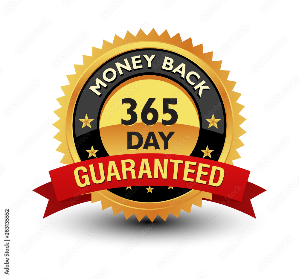 Golden color powerful 365 day money back guaranteed badge, seal, sign, label with red ribbon isolated on white background. Golden color powerful 365 day money back guaranteed badge, seal, sign, label with red ribbon isolated on white background.