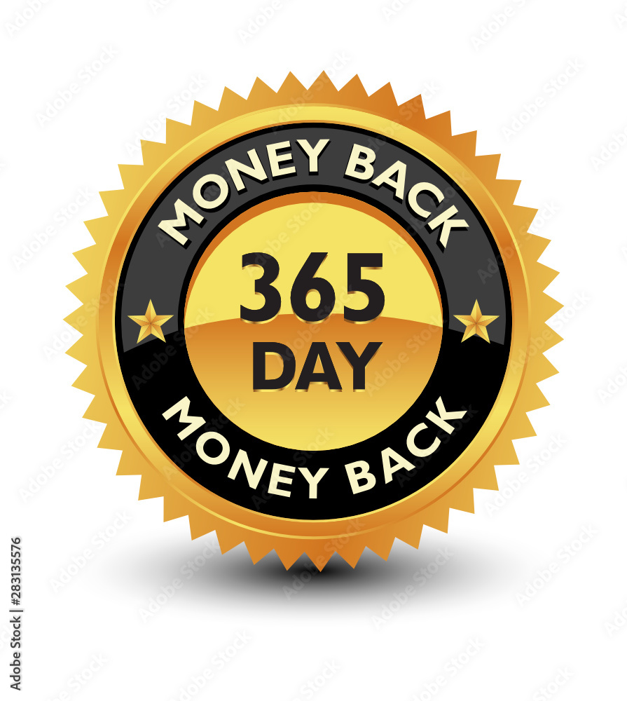 Golden color powerful 365 day money back guaranteed badge, seal, sign, label isolated on white background. Golden color powerful 365 day money back guaranteed badge, seal, sign, label isolated on white background.