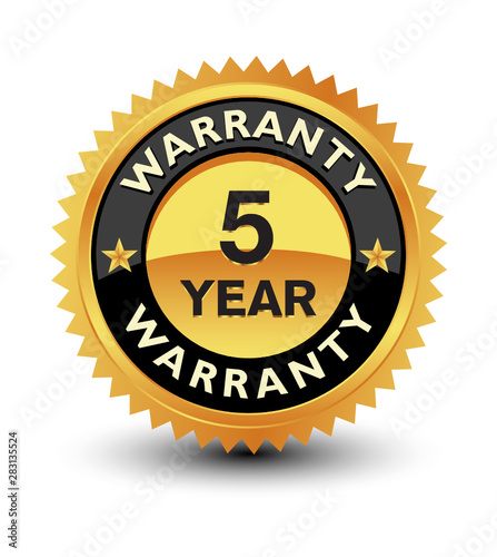 Golden color powerful 5 year warranty badge, seal, sign, label isolated on white background.