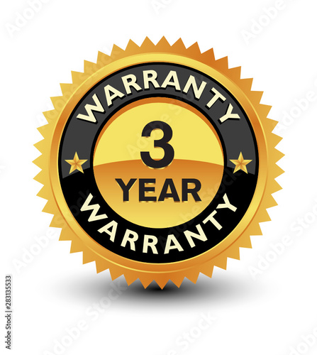 Golden color powerful 3 year warranty badge, seal, sign, label isolated on white background.
