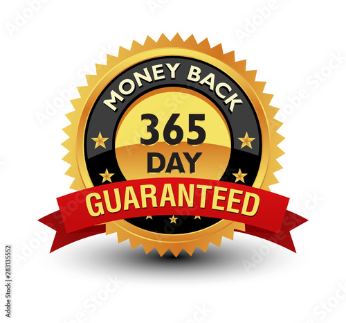 Golden color powerful 365 day money back guaranteed badge, seal, sign, label with red ribbon isolated on white background.