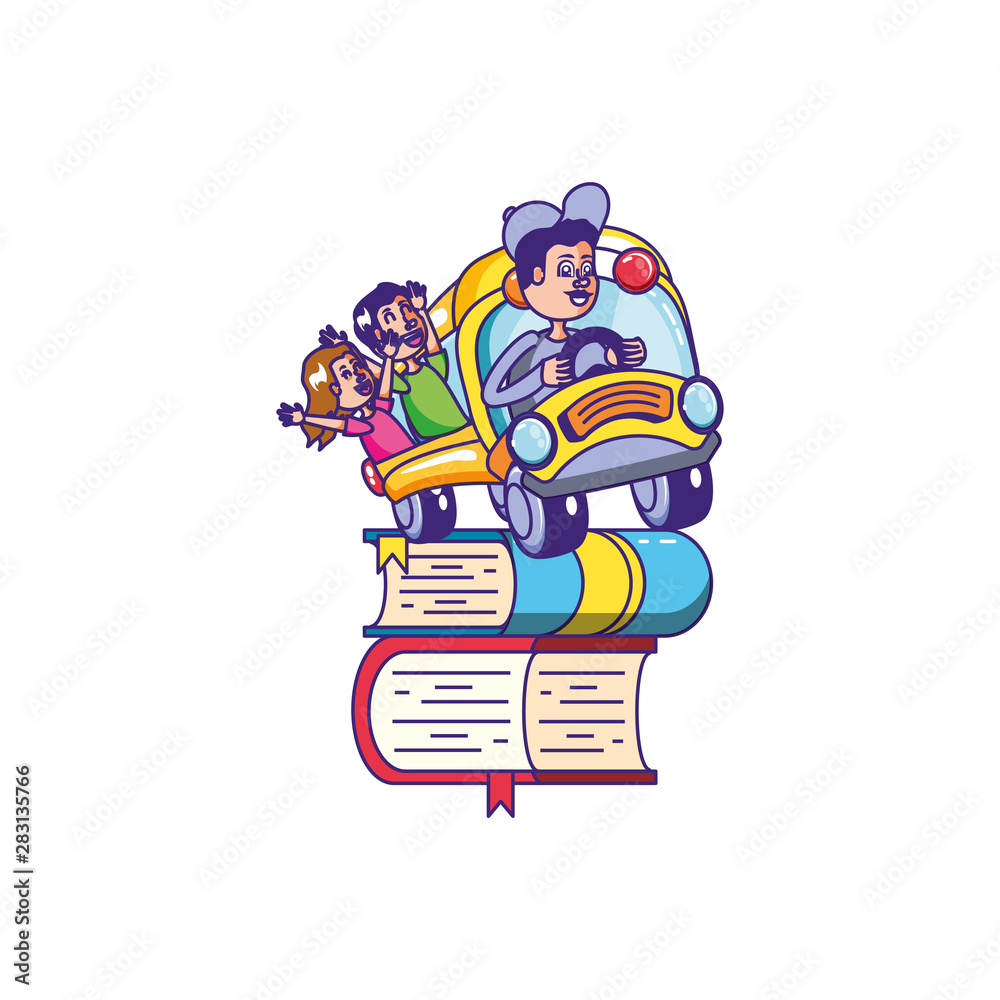 bus school with driver and students in pile of library books bus school with driver and students in pile of library books