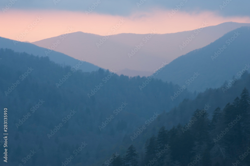 Oconoluftee Overlook is viewed at a colorful sunset evening on the Great Smoky Mountain National Park in Townsend, TN.
