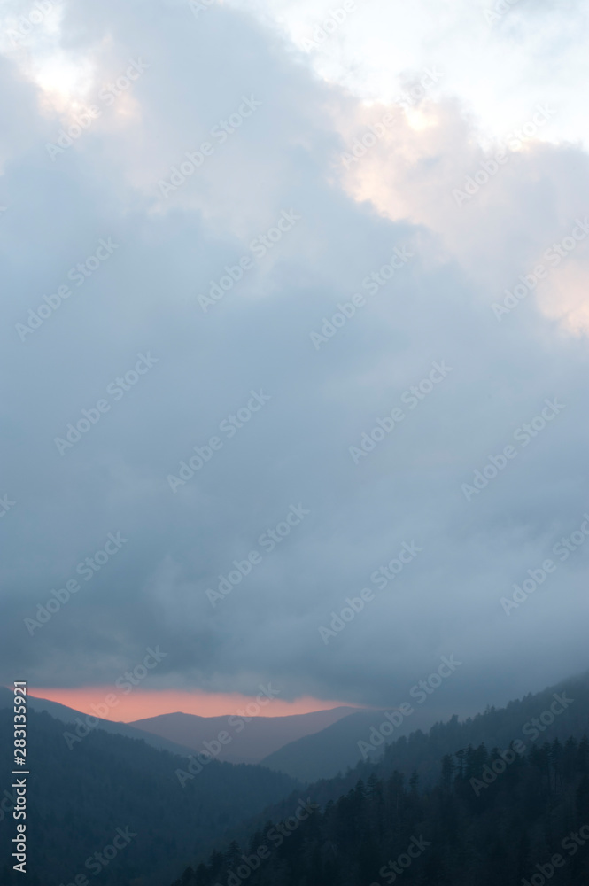 Oconoluftee Overlook is viewed at a colorful sunset evening on the Great Smoky Mountain National Park in Townsend, TN.