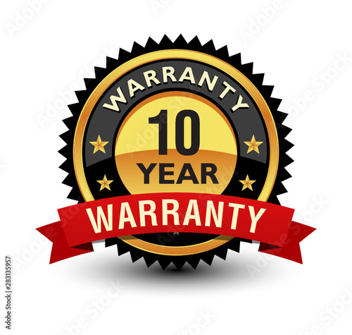 Powerful 10 year warranty badge, sign, label, seal with red ribbon on top.