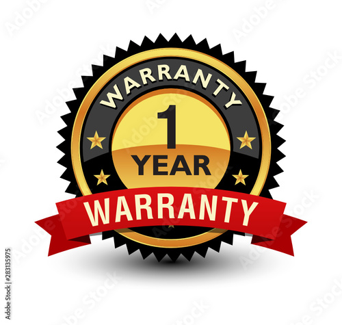 Powerful 1 year warranty badge, sign, label, seal with red ribbon on top.