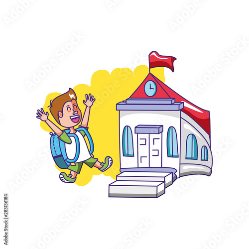 cute little student boy with bag education and school building