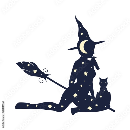 Illustration of sitting young witch. Witch silhouette with a broomstick, cat and raven textured by moon and stars. Halloween relative image