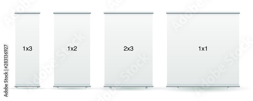 Empty standee or rollup banner display mockup on isolated white background. Display mockup for presentation or exhibition product. Vertical blank roll up stand template in 1x1, 1x2, 1x3 and 2x3 sizes.