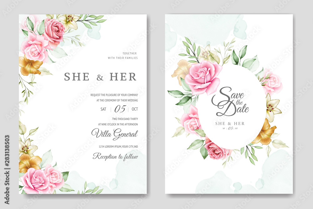 watercolor wedding invitation card with beautiful floral and leaves