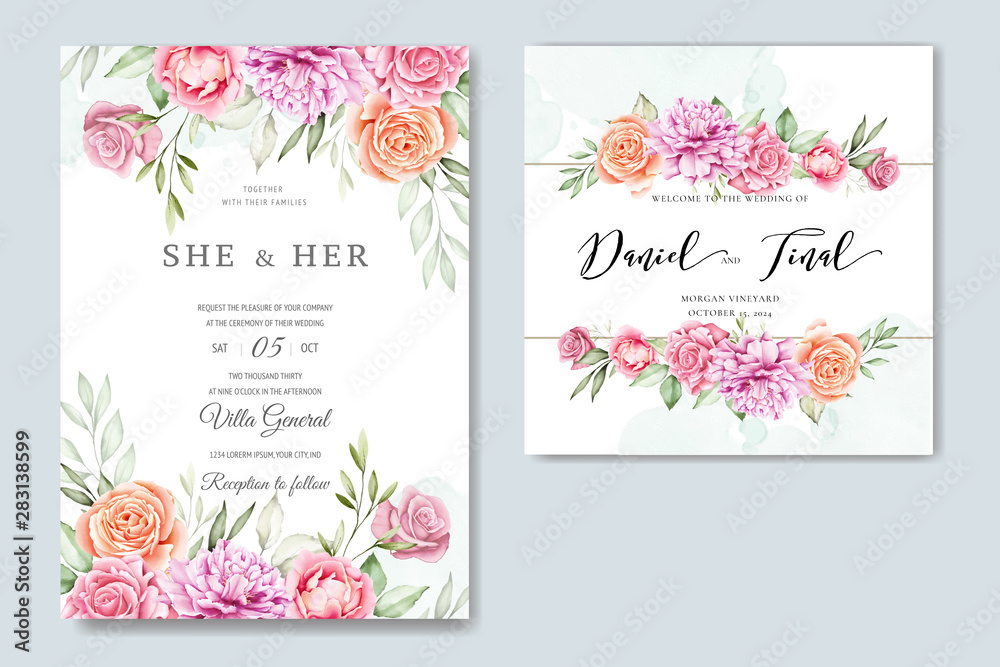 watercolor wedding invitation card with beautiful floral and leaves