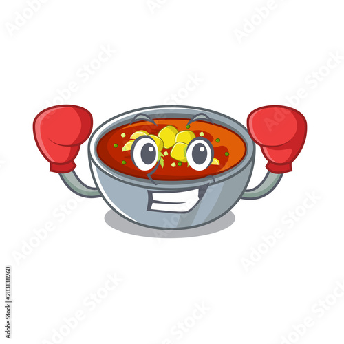 Boxing gazpacho is poured into cartoon bowl