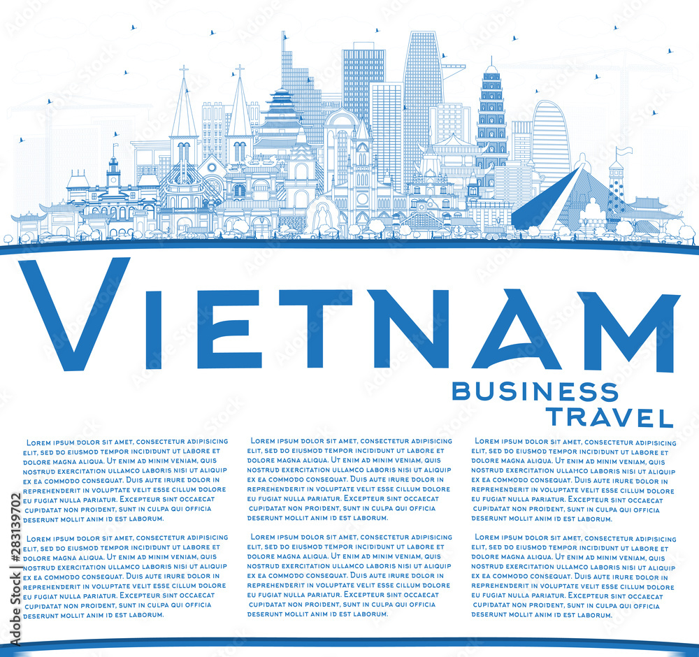 Outline Vietnam City Skyline with Blue Buildings and Copy Space.